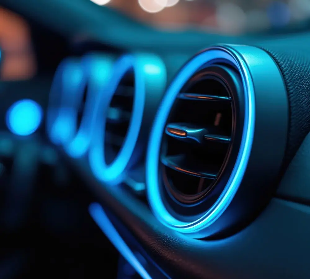 Nahaufnahme einer Klimaanlage in einem Auto bei Nacht