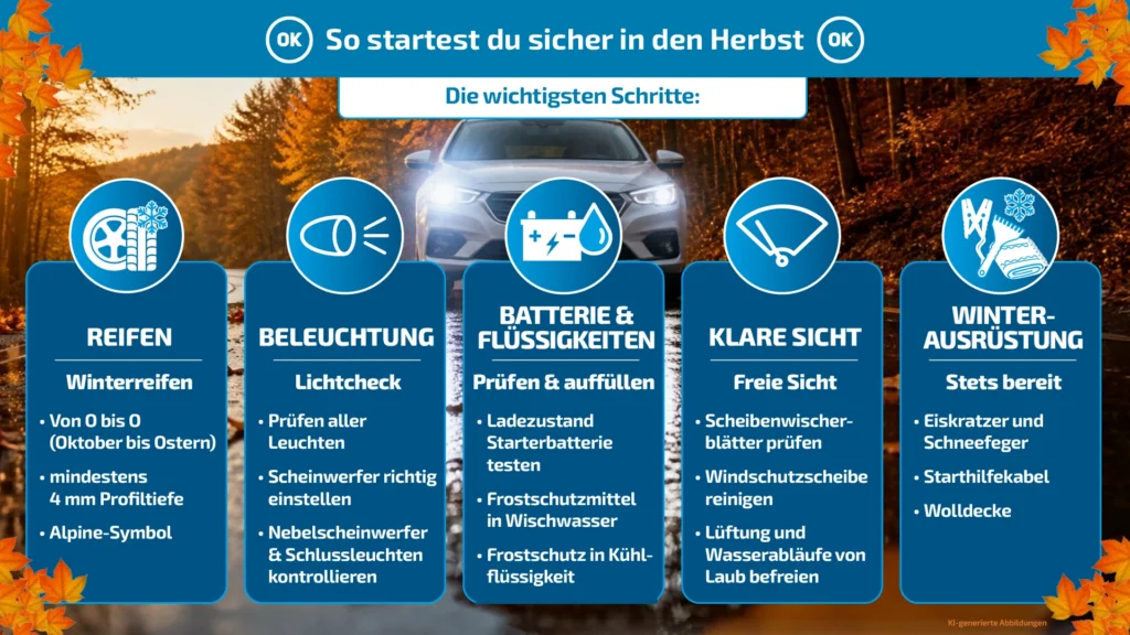 Grafik: 5 Schritte für den Start in den Herbst: Reifen, Beleuchtung, Batterie, Sicht und Winterausrüstung